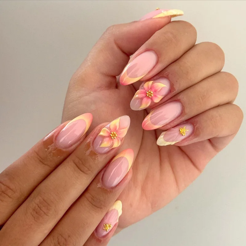 24pcs Flower Black French Fake Nails Tips with Rhinestone Decor Design Almond Press on Nails Art Detachable Fashion False Nail