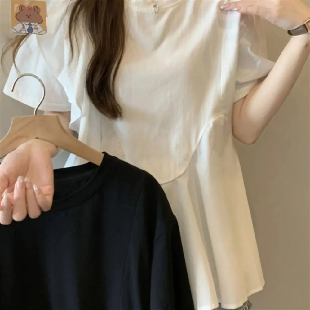 Summer Ruffled Blouse Women Harajuku Street Style White Kawaii O-neck Baggy Shirt Cute Preppy Ruffle Puff Chic Short Sleeve Tops