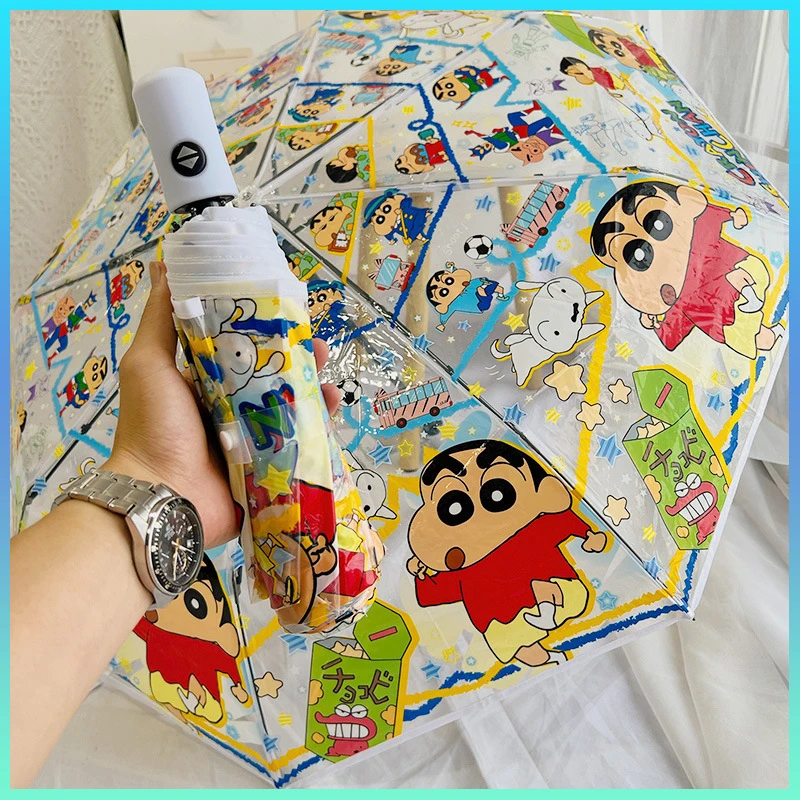 Thick Crayon Transparent Umbrella Straight Long Handle Automatic Umbrella Cartoon Online Celebrity Folding Umbrella For Boy Girl