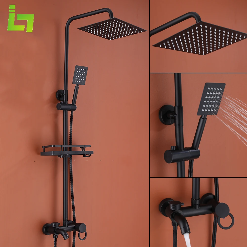 Matte Black Shower Faucet Set Rain High Quality Cold and Hot Round Bathroom Bathtub Tap Waterfall With Shelf