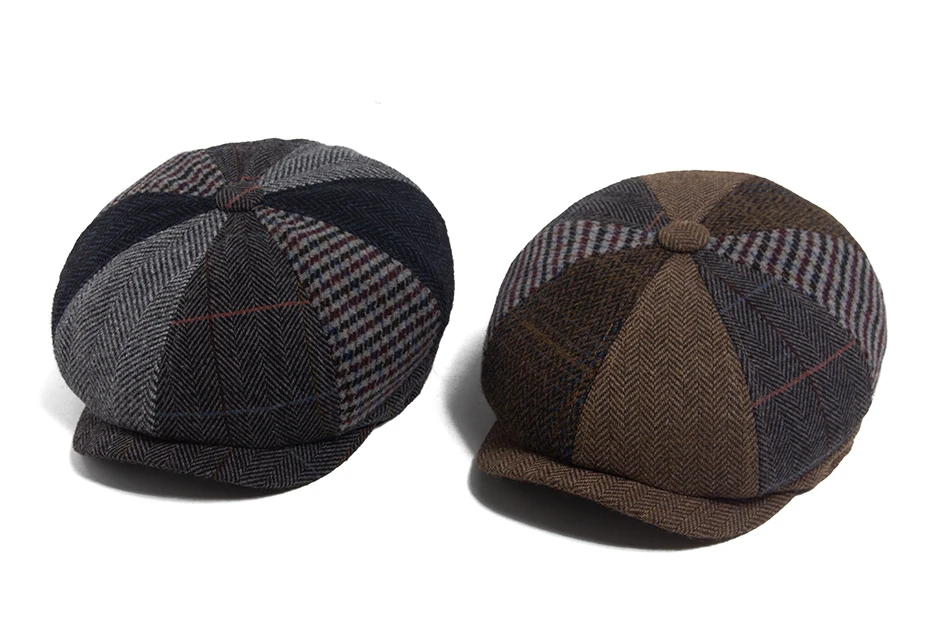 Vintage Zeitungsjunge Mütze Männer Fischgräten Plaid Patchwork Muster Frauen Baskenmütze Herbst Winter Warme Männliche Flache Kappen Achteckigen Hut Elastische – Detail 1