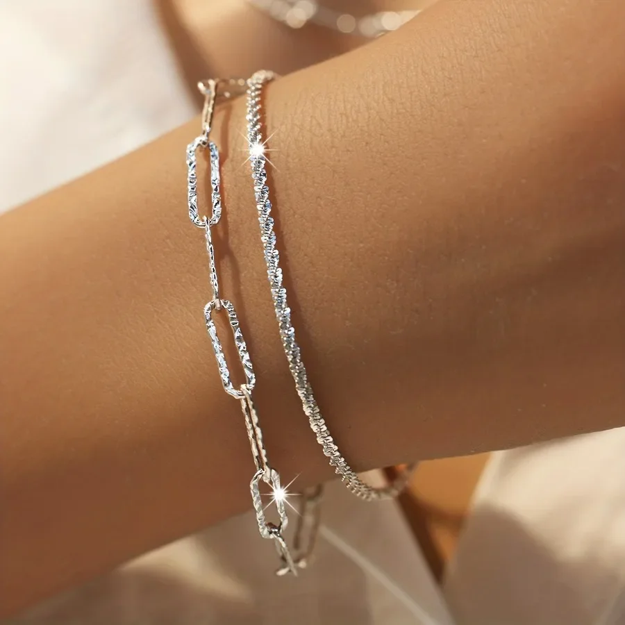 Luxury Brand 2pcs Lovely 925 Sterling Silver Necklace Bracelet Jewelry Set For Women Paperclip Chain Party Wedding Engagement image 3