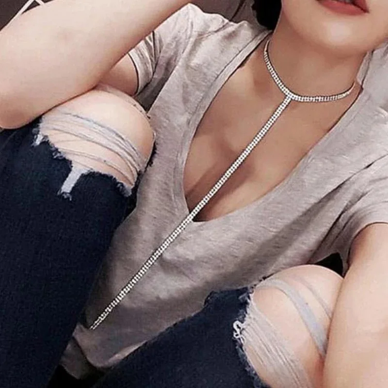 Fashion Full Rhinestone Chain Choker Necklaces for Women Long Tassel Chocker Simulated Crystal Collar Party Jewelry for Women