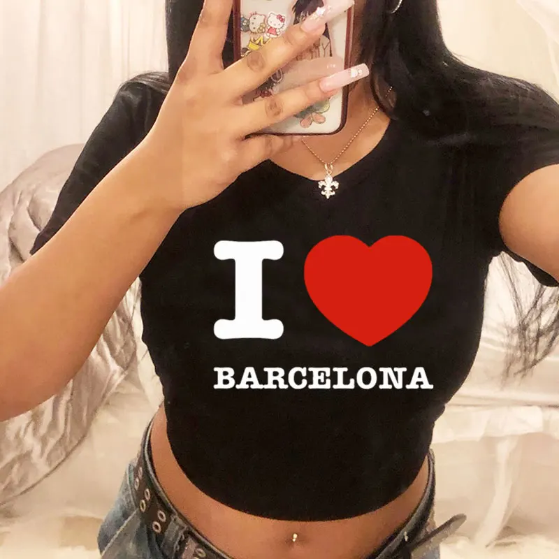 I Love Barcelona Women T Shirt Summer Harajuku Crop Top Sexy Party Clothes O Neck Cropped Navel Women Fashion T-Shirt