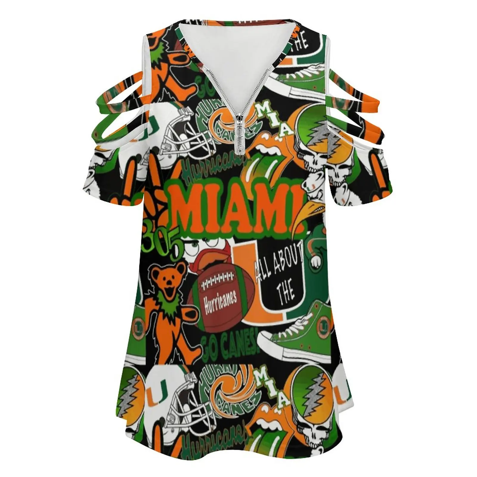 University Of Miami Women'S T-Shirt Summer Fashion Print Floral V-Neck Zipper Tshirt Hollow Pullover Ladies Top Miaim Um