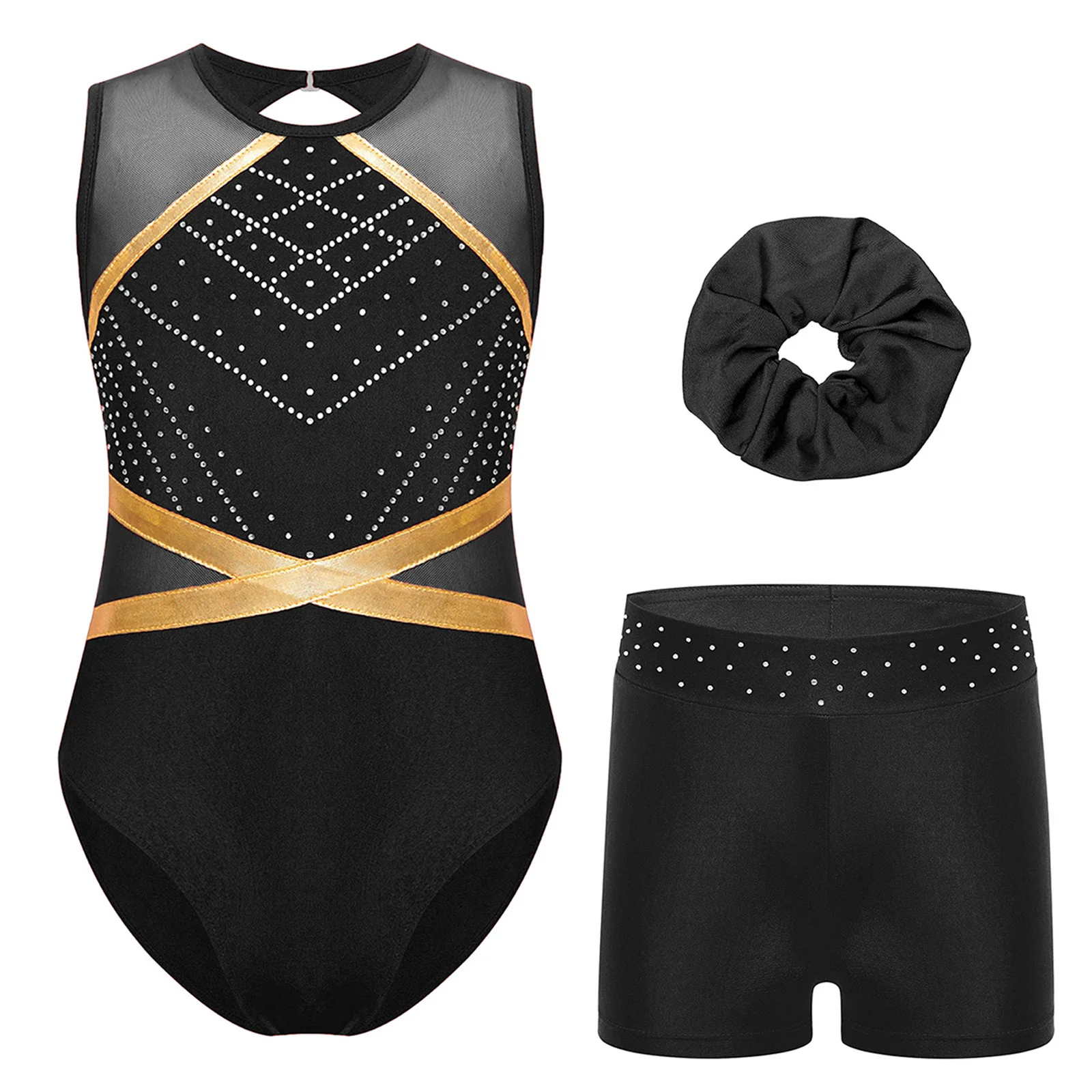 

4Pcs Kids Girls Gymnastics Figure Skating Dance Costumes Sleeveless Shiny Rhinestones Leotard+Shorts+Leggings+Headwear Dancewear