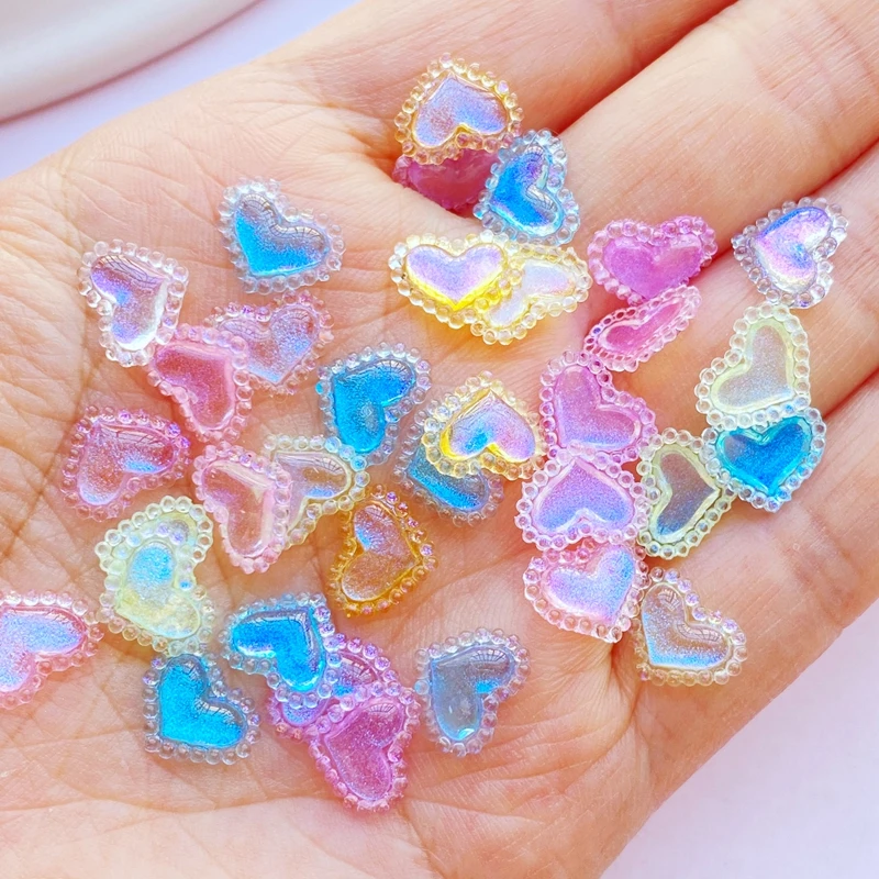 100Pcs New Cute Mini Shiny Heart Resin Figurine Crafts Flatback Cabochon Ornament Jewelry Making Hairwear Accessories