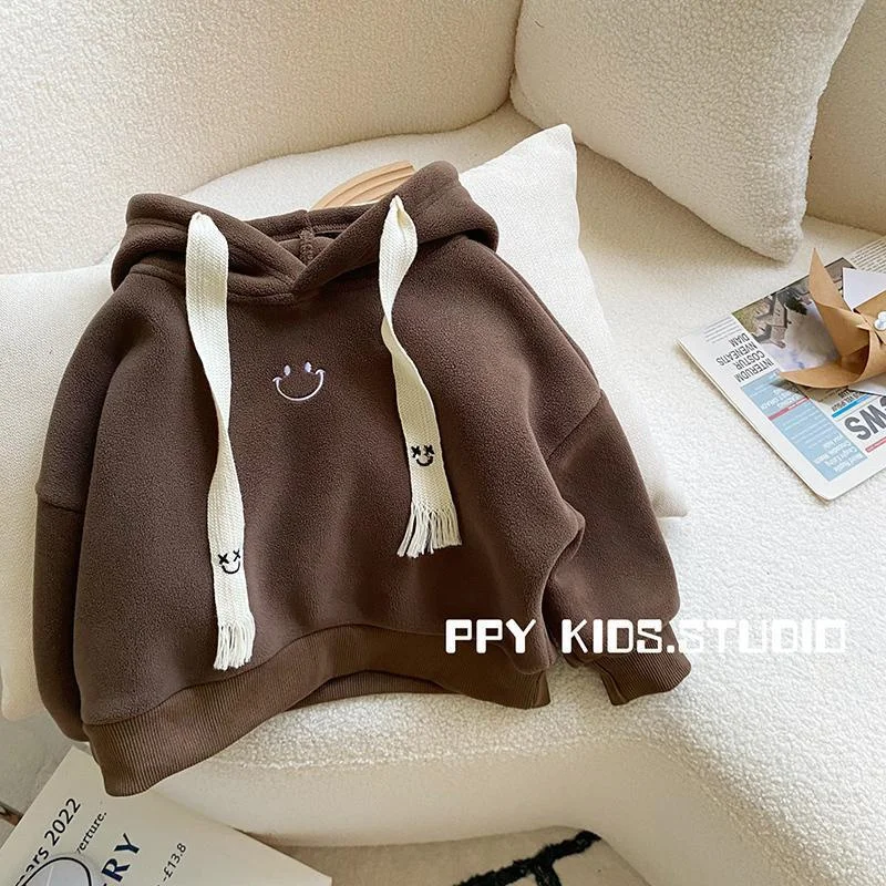 Sudaderas con capucha para niños, sudaderas de algodón grueso de terciopelo Beige, Tops cálidos de invierno y otoño, ropa para bebés, adolescentes y