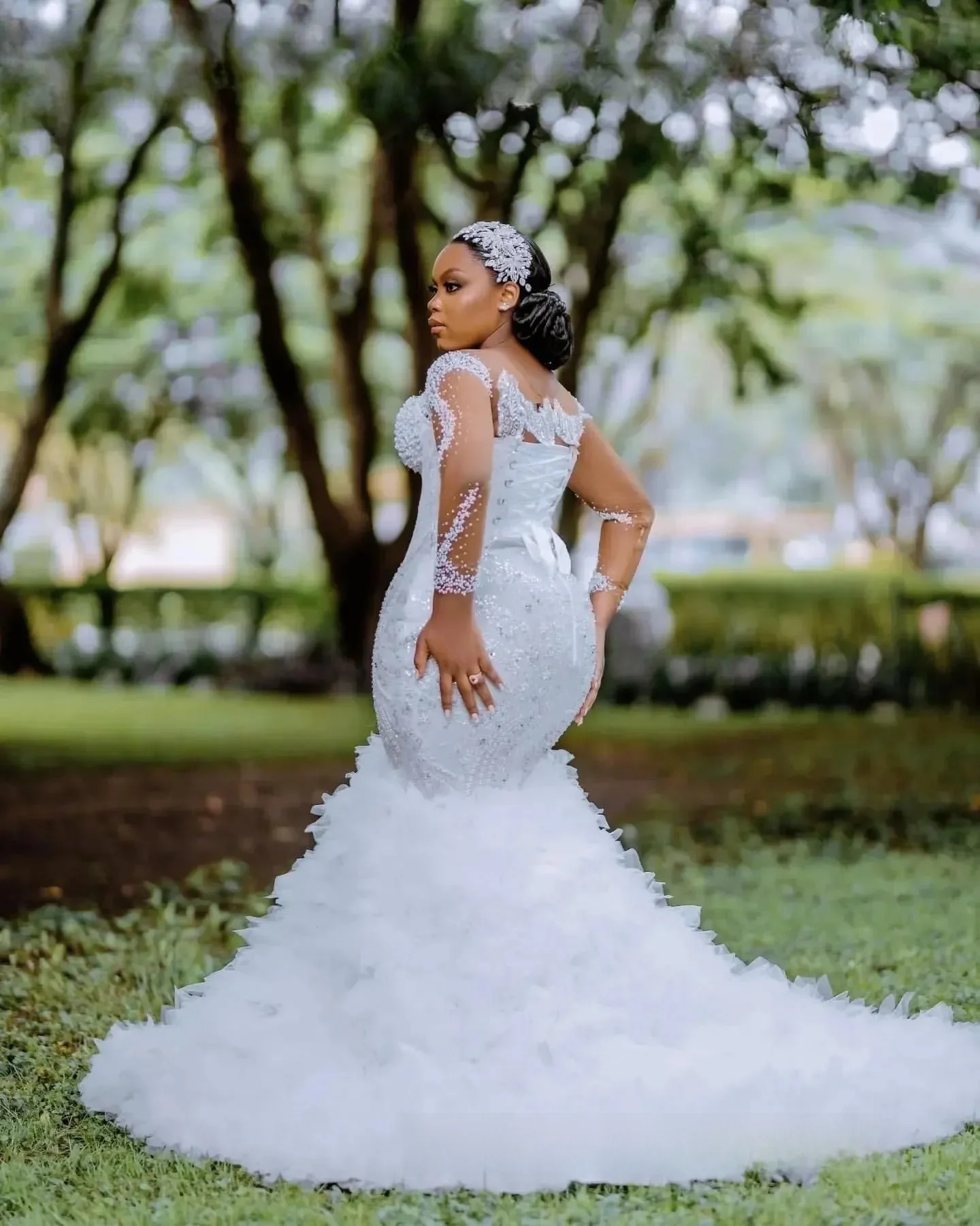 

Customized Plus Size Mermaid Wedding Dress Bridal Gowns for Bride Illusion Sheer Neck Illusion Long Sleeves Beaded Lace Pearls