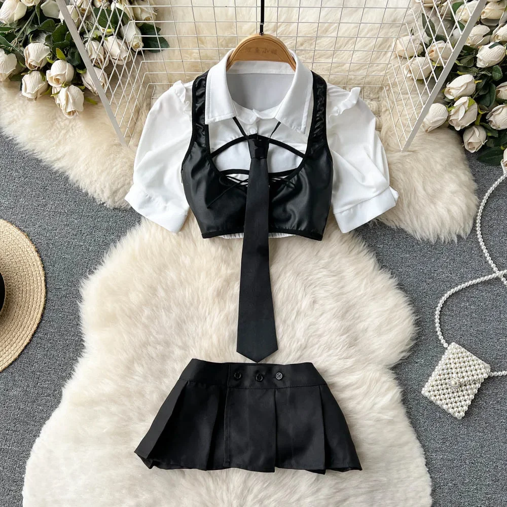 Sexy Hot School uniform Bubble Sleeves Ruffle Hollowed Short top shirt PU Leather Camisole Mini Pleated Skirt Tie 4 Pieces Set