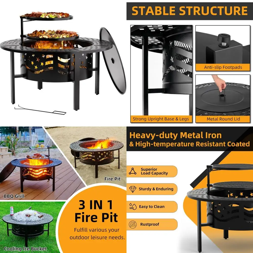 

PrimeZone 42 Открытая костра для костра с 2 решетками — дровяная костра для улицы с крышкой и покером, сверхмощная металлическая костра для костра