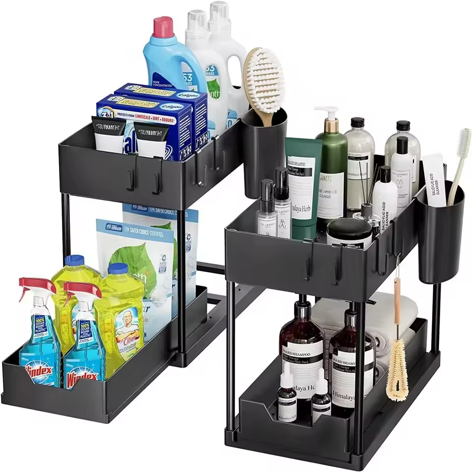 Pack 2 pieces Bathroom Kitchen Organizer Under Sink Storage with Double Sliding Drawers Multifunctional Shelf Rack