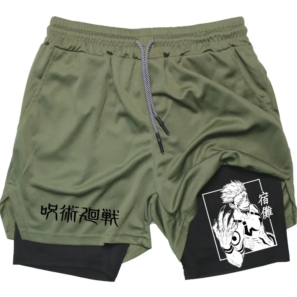 Unisex 2 em 1 Shorts De Compressão, Shorts De Desempenho De Anime, Jujutsu Kaisen Print, Fitness, Corrida, Treino, Calças Curtas