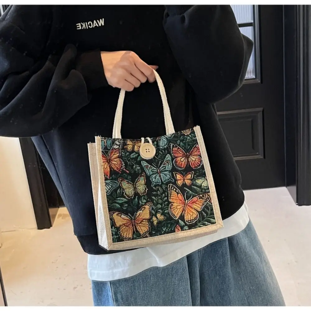 New Linen Canva Tote Handbag Butterfly Print Portable Lunch Bag Handmade Casual Retro Lunch Box Food Storage