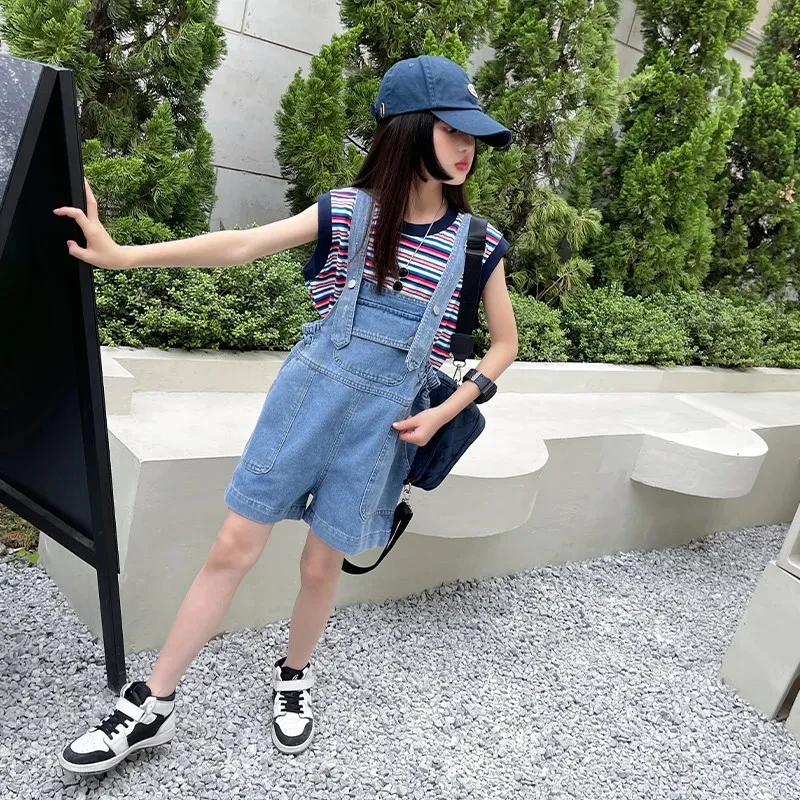 Fashion Casual Style Girls Shorts Summer Soft Denim Overalls Shorts New Korean Medium Large Children\'s Denim All-match Shorts