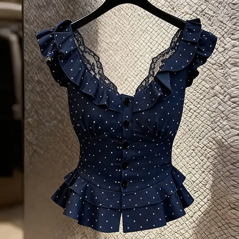 Women's Lace Polka Dot Bell Sleeve Shirt Slimming Waist Design Summer Fashion Outerwear Casual Regular Length Shirt