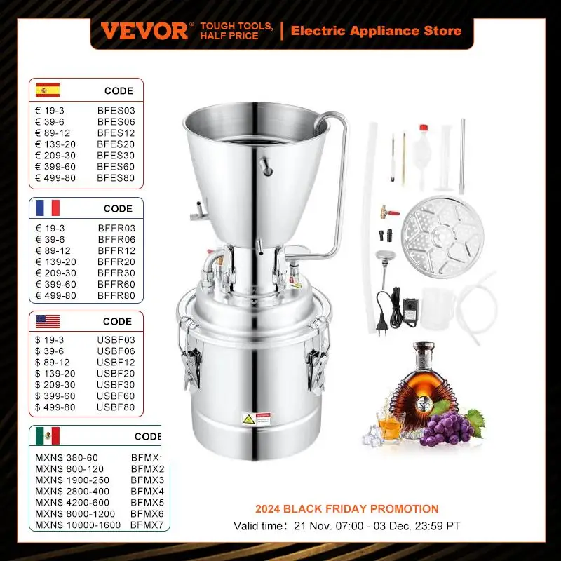 Vevor เครื่องกลั่นแอลกอฮอล์10/50L, เครื่องกลั่นแอลกอฮอล์ยังคงมี304หลอดสแตนเลสชุดชงสำหรับโรงกลั่นในบ้านวิสกี้ไวน์บรั่นดี