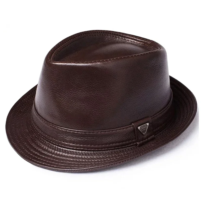 

Male High Quality Genuine Leather Sheepskin Formal hat Gentleman Cow Skin Short Brim Yellow Brown Top Hat Male Shows Gentleman
