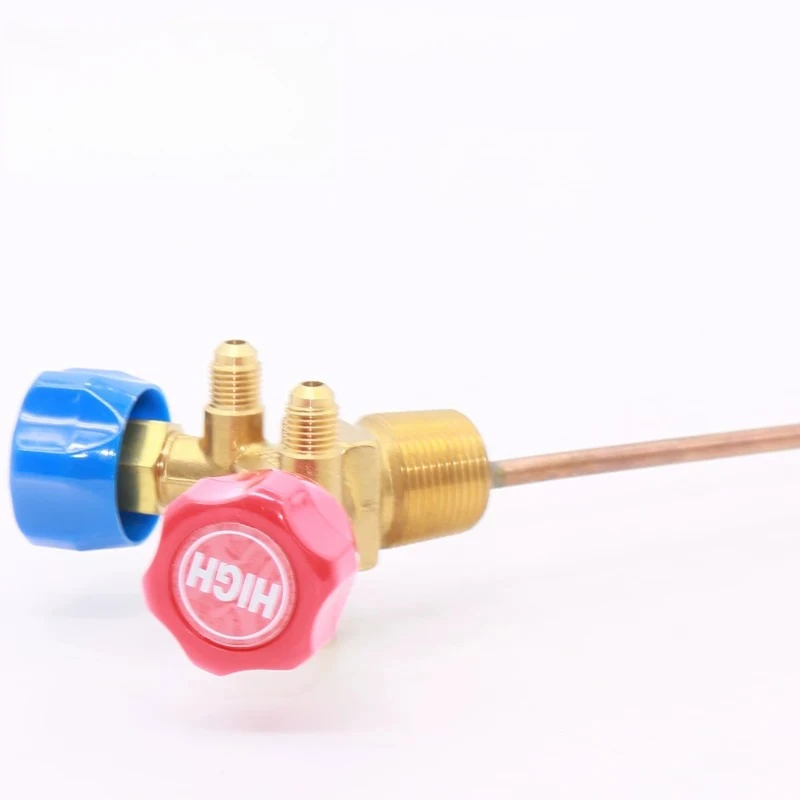 Refrigerant recovery and refueling cylinder valves / high and low pressure horn valves / refrigerant bottle nozzle subvalves