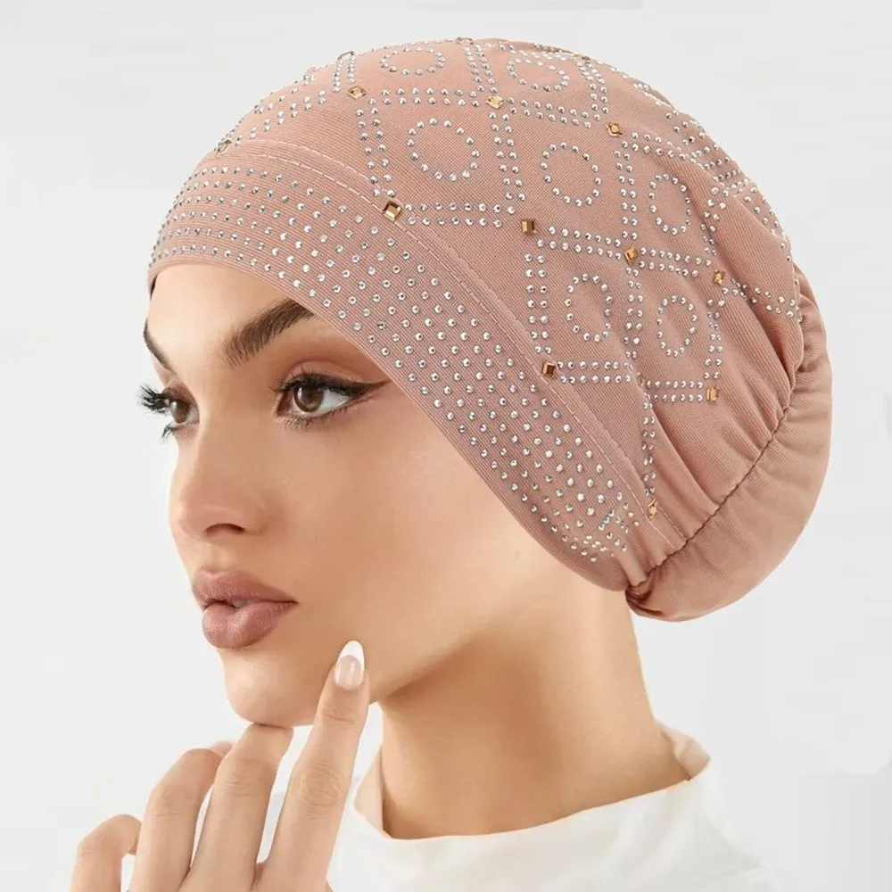 Inner Hijab Rhinestone Turban Hat Mesh Elastic Fishtail Cap Shiny Lightweight Headwrap Cap Religious Prayer