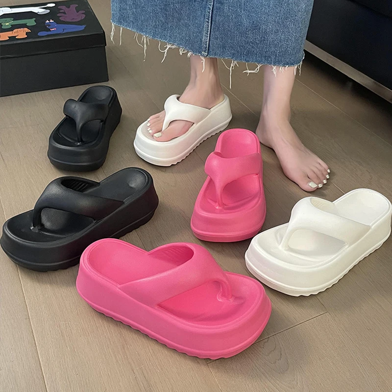 Sandal jepit bersol tebal dipakai di luar musim panas EVA Fashion sandal jepit pantai Tinggi sandal hak tinggi sandal kasual wanita