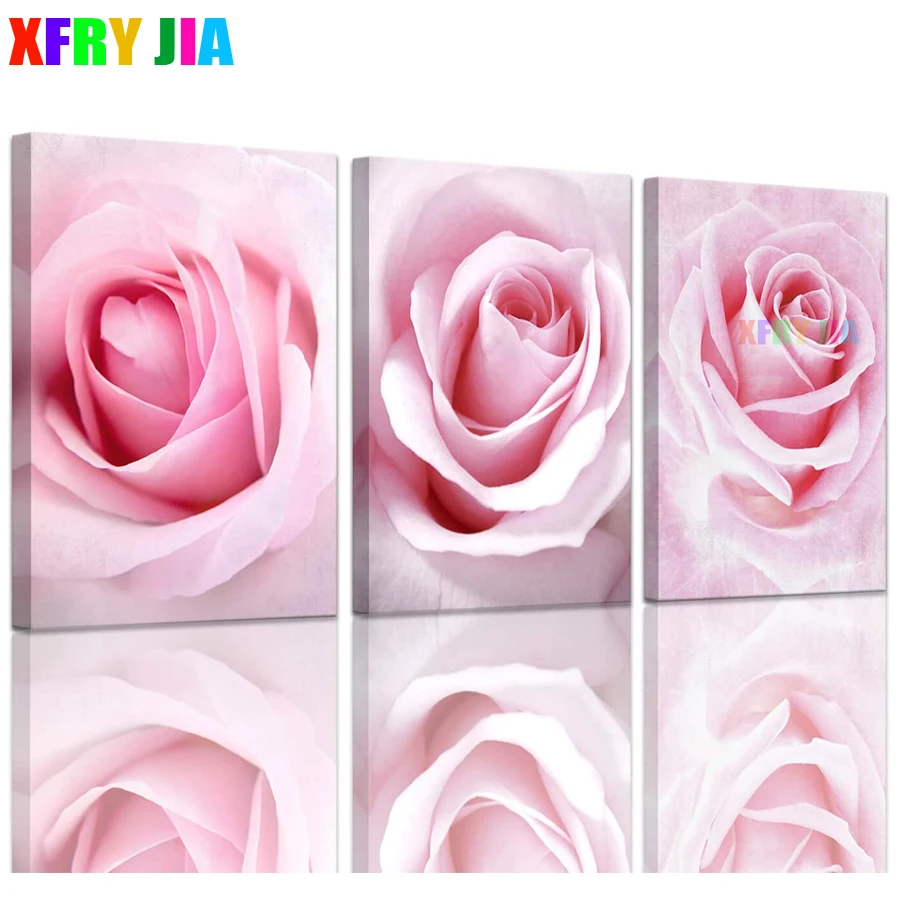 

Girl bedroom decoration light pink roses 5D DIY Diamond Painting Cross Stitch Kit Mosaic Diamond Embroidery Full Drill 3 panels