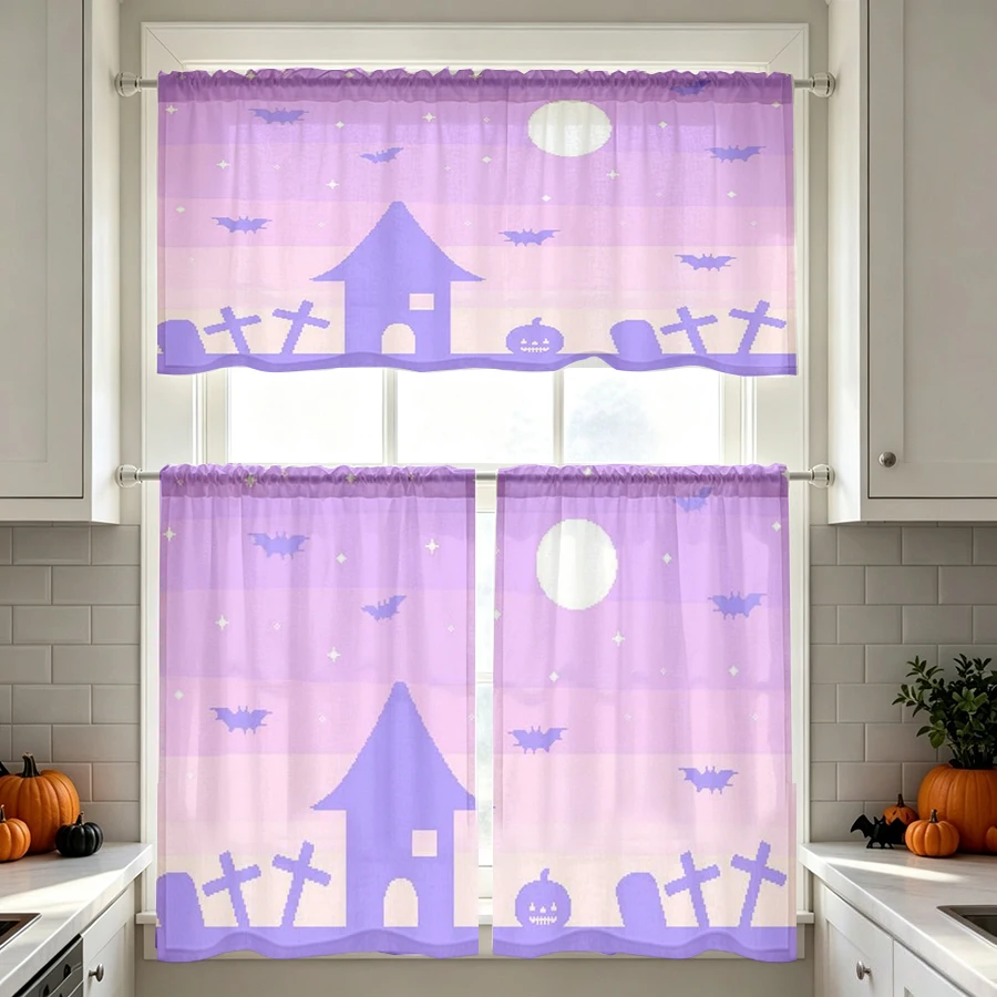 Halloween Fall Kitchen Curtains, Castle Moon Bat, Digital Print, Kitchen Dining Room, Rod Pocket Polyester, Home Decor
