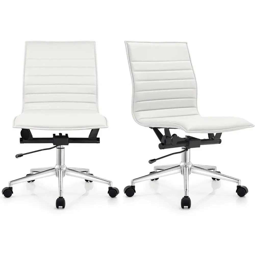 

Ribbed Back Upholstered PU Leather Swivel Chair with Adjustable Height and Lock for Computer Desk and Meetings (White, Armrests)