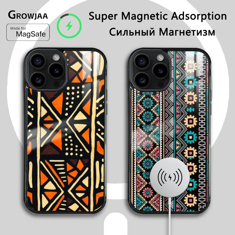 African Style Fabric Print Phone Case For iPhone 16 15 14 13 12 11 Pro Max Plus Mini Magsafe Mirror Wireless Magnetic Cover