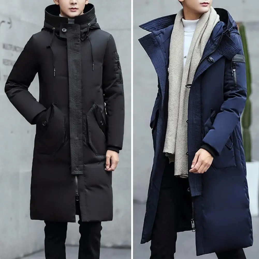 Long Down Jacket with Pockets Streetwear Coat Men's Hooded Quilted Cotton Coat with Multi Pockets Warm Winter for Windproof