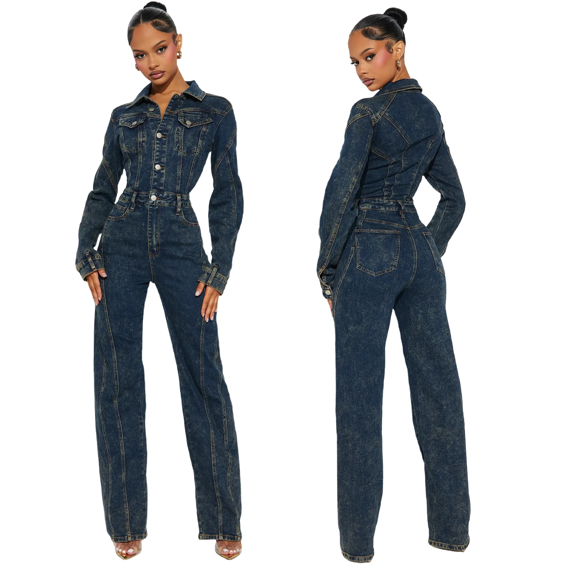 

Trendy Oversized Denim Jumpsuit Cargo Pocket Streetwear Jumpsuit with Distressed Wash Elastic Waist for Women Wide Leg Comfort