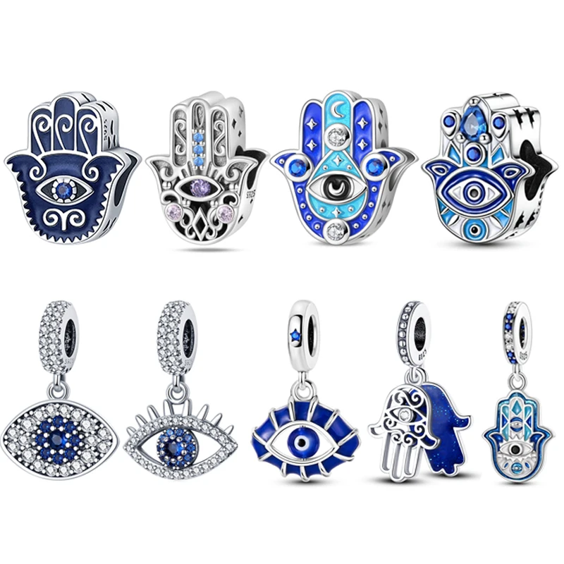 925 Silver Evil Eye Charms Beads, Hamsa Hand Dangle Pendant, Blue Enamel CZ Stone Charm Fit DIY Bracelet Necklace Jewelry Making