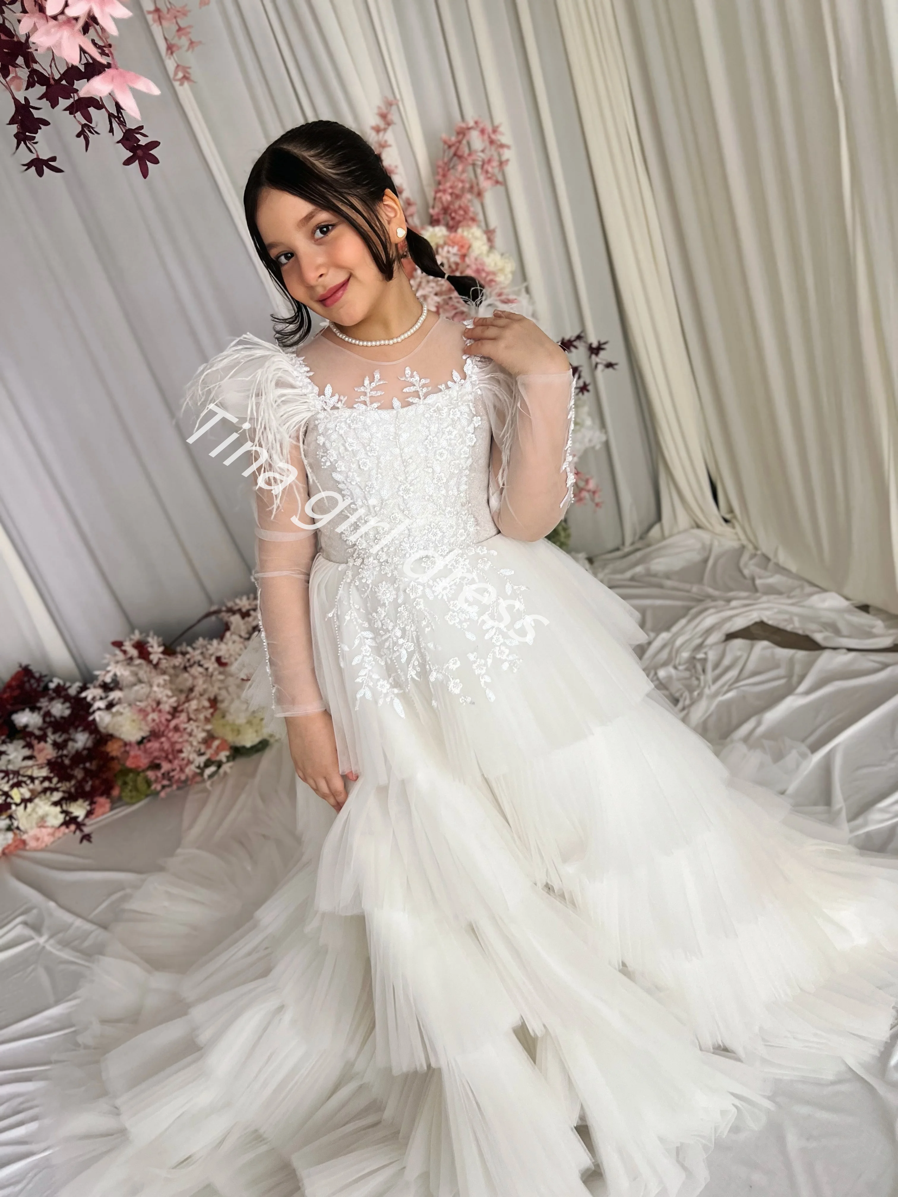Princess Flower Girl Dresses for Wedding Lace Full Sleeves Tulle Floor Lenght Kids Birthday Party First Communion Gown Custom