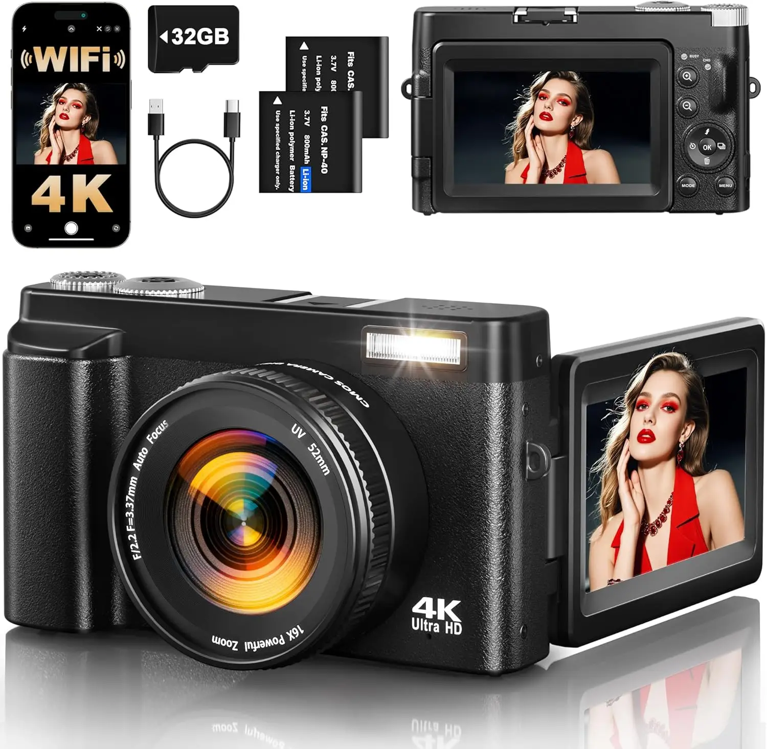 4K WiFi Vlogging Camera with 64MP Autofocus, 3'' Flip Screen, 16X Zoom, SD Card & Accessories