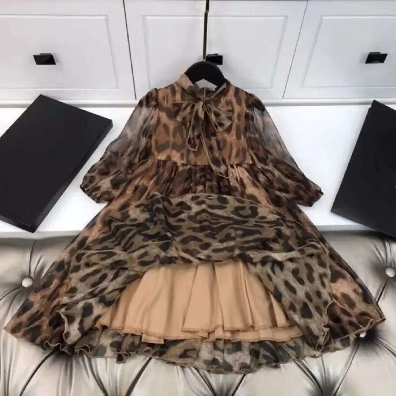 2022 Summer Latest Girls Dresses Girls Baby Autumn Style Leopard Print Large Swing Skirt Long Sleeve Princess Dress with tag