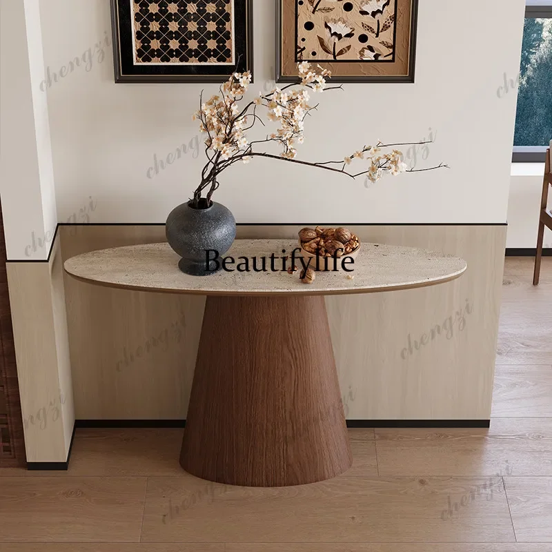 K153 wabi-sandy wind natural travertine entrance table ultra-narrow retro medieval strip case is decorated against the wall