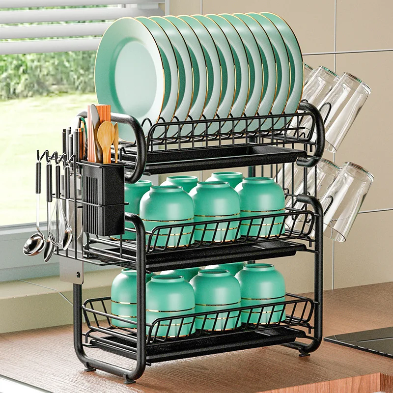 Black Draining Dish Rack Put Bowl Storage Tableware Storage Plate Storage Rack Kitchen Accessories Household Supplies Organizer