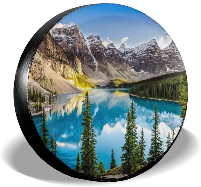 Landscape Sunset View of Morain Lake and Mountain Range Spare Tire Cover Waterproof Dust-Proof UV Sun Wheel Tire Cover Fit for