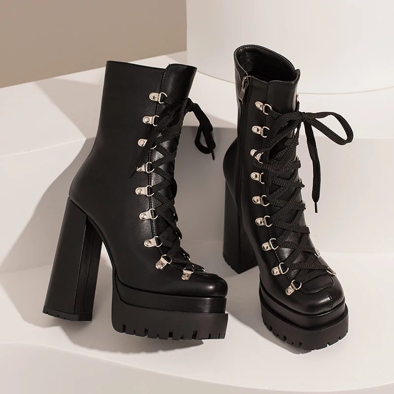 Moderno Western maturo Punk Goth femminile inverno Super blocco scarpe col tacco alto più dimensioni 43 punta quadrata Lace-up piattaforma tacchi