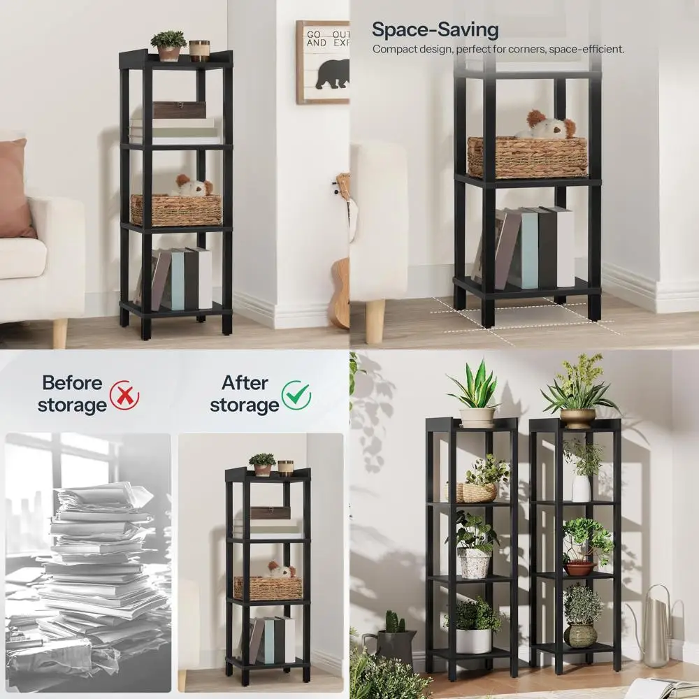 

Промышленная 4-х уровневая деревянная книжная полка для компактных помещений, гладкий черный дизайн, простая сборка, идеально подходит для гостиных, BK08CJ01