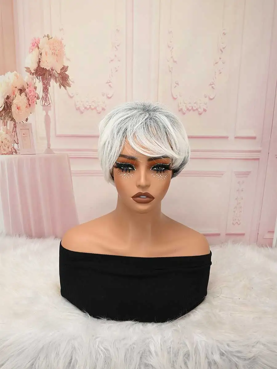 Grey White Mixed Short Layered Bob Synthetic Wig
