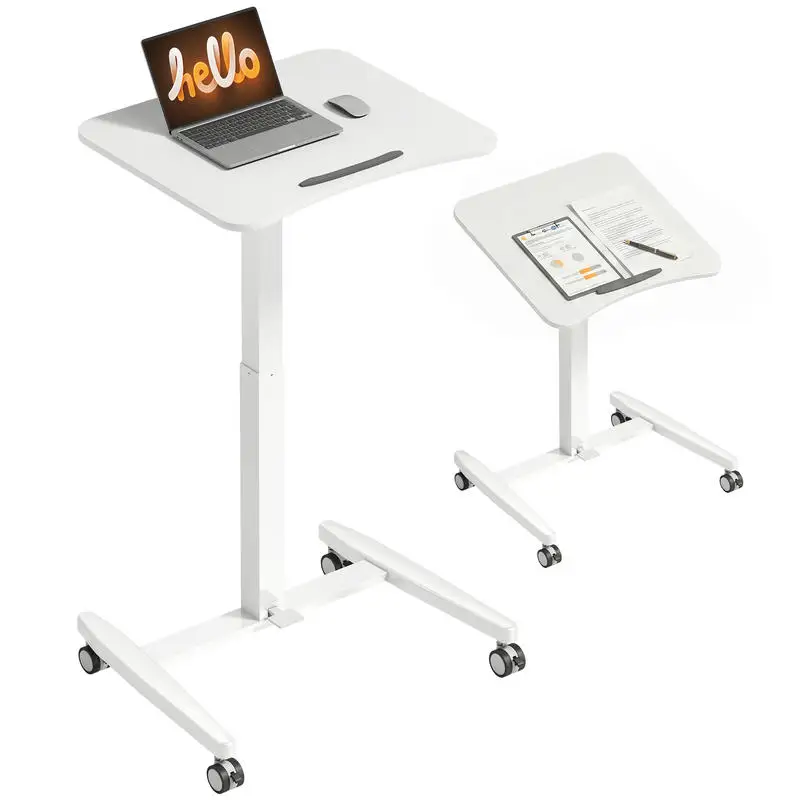 Bureau debout réglable en hauteur, bureau roulant avec plateau inclinable, butée de sécurité, roulettes, blanc