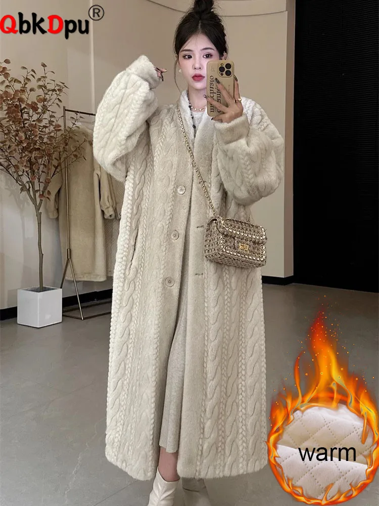 Winter Warm Faux Mink Fur Long Coats Women Korean Thicken Cotton Padded Lined Jackets Single Breasted Loose Rabbit Plus Abrigos