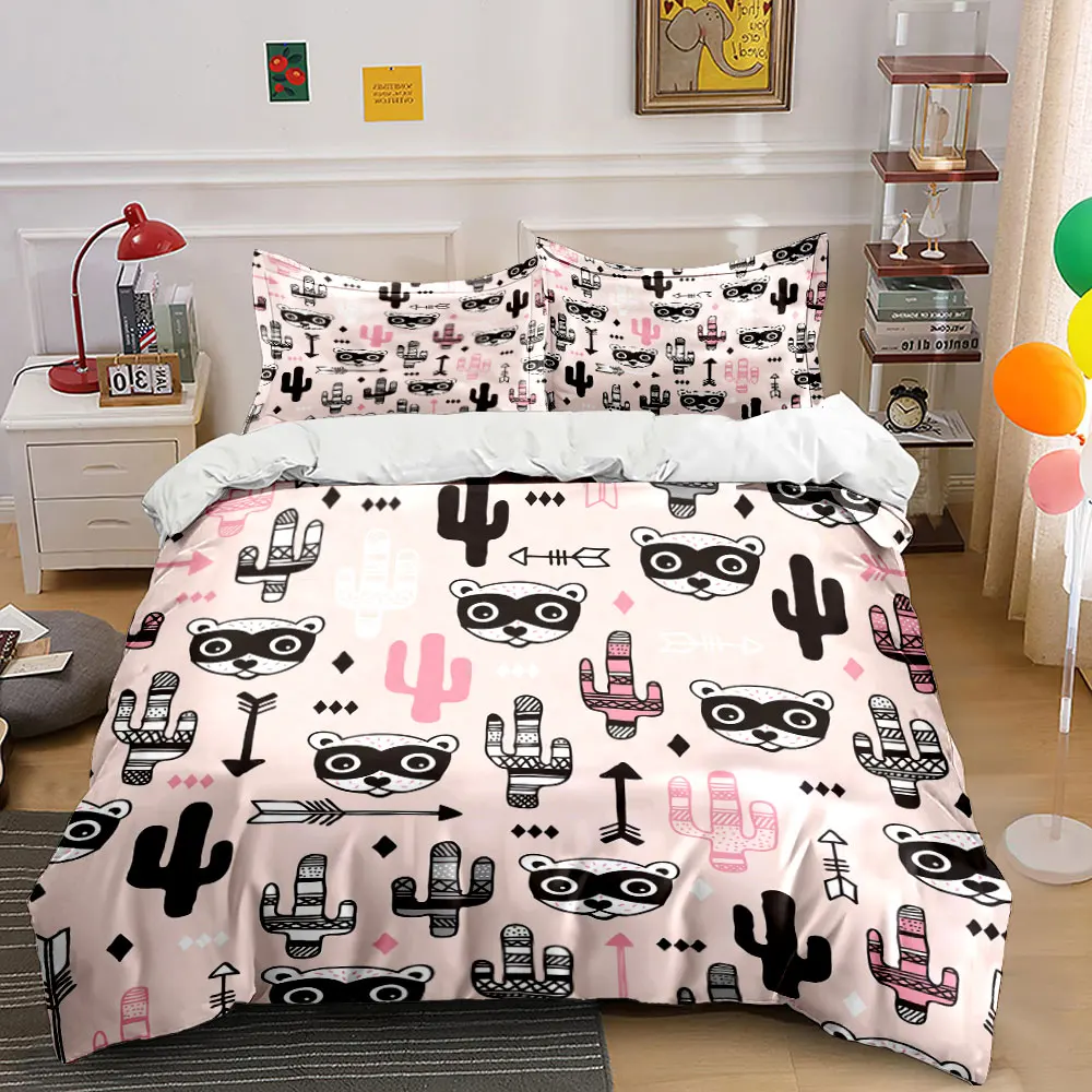 Cartoon Animals and Cactus Patterns Duvet Cover Set with 3D Printing Design Soft Polyester Bedding Set All-Season Comfort