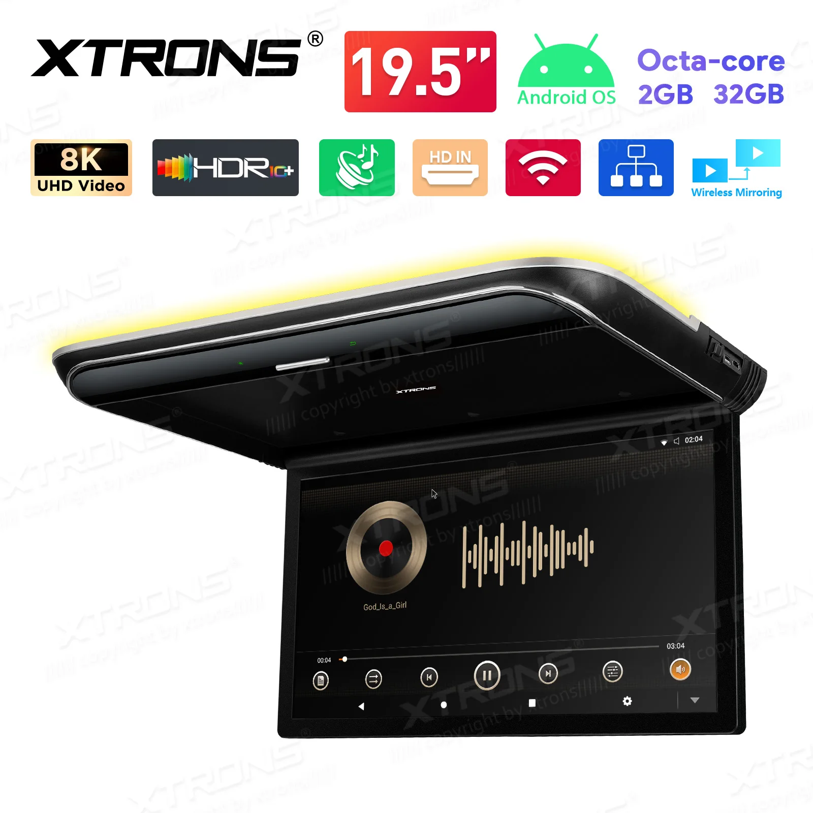Monitor de Techo para Auto XTRONS de 19.5 Pulgadas, Android Octa-core, Pantalla IPS 8K, Ángulo Ajustable hasta 170° °   con Duplicación de Pantalla USB HDR RCA 1