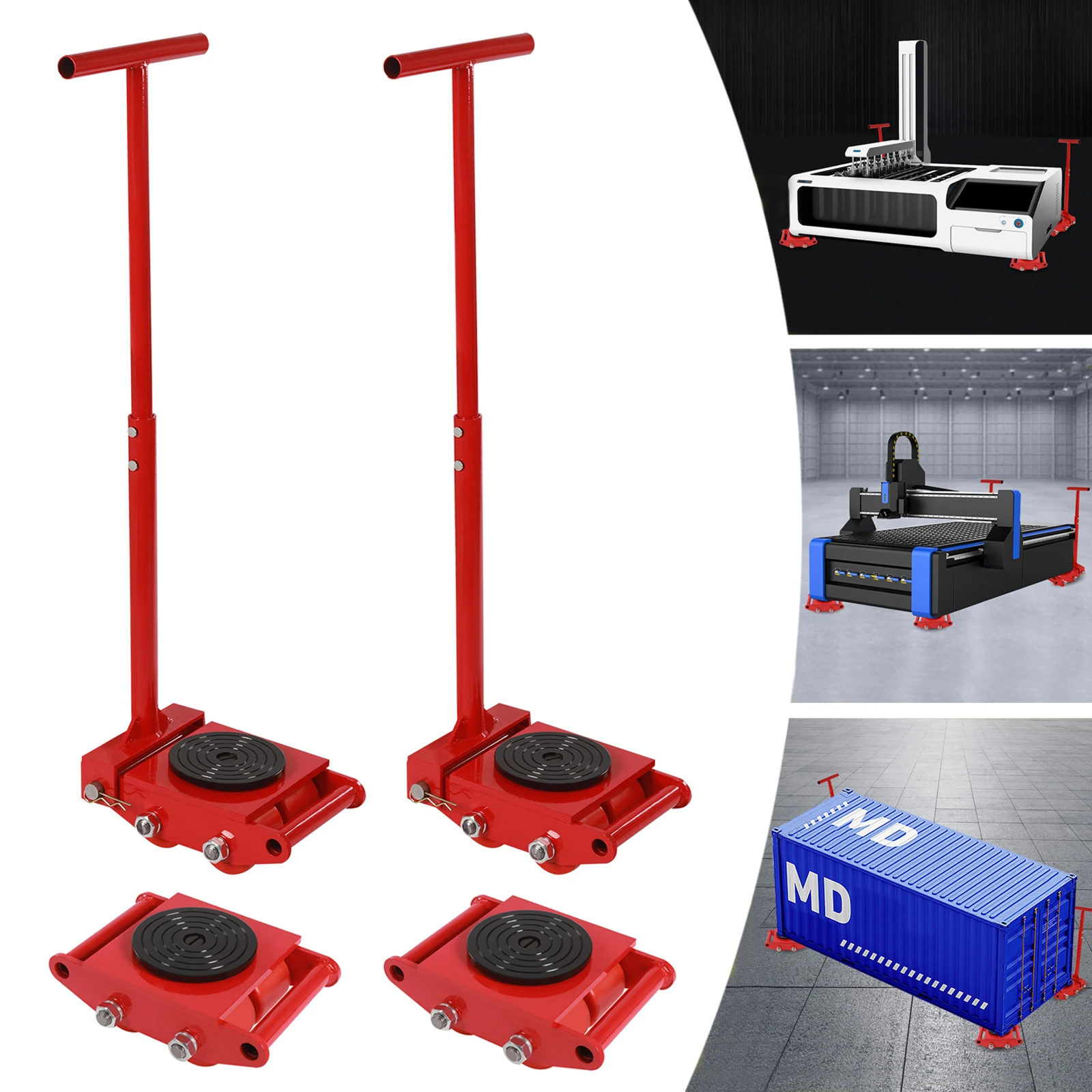 4pcs Machinery Mover 6T Machinery Skate Dolly with 2 Steering Handles 13200lbs Machinery Moving Skate with 360° Rotation