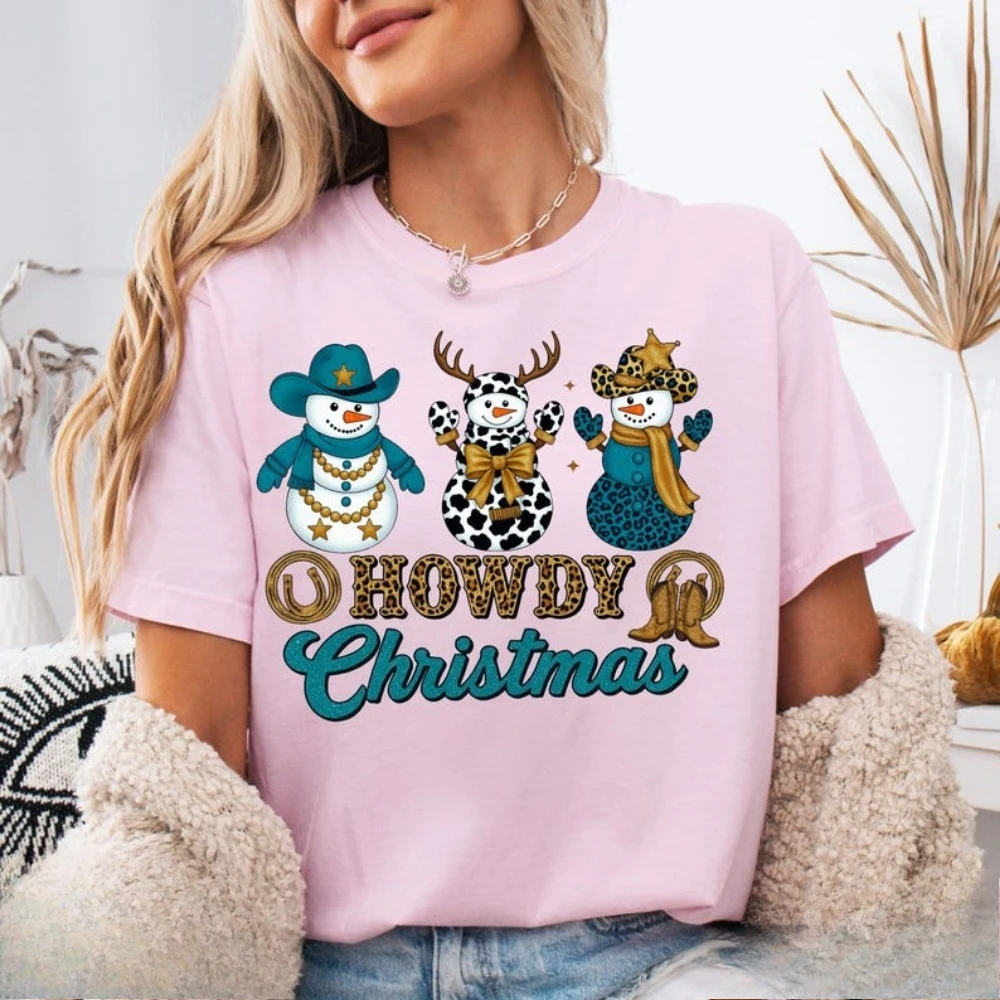 Howdy Christmas T Shirt Cowgirl Western Snowman Shirt Teal Leopard Xmas Bow Tees Fashion Streetwear O-neck Short-sleeve Tops