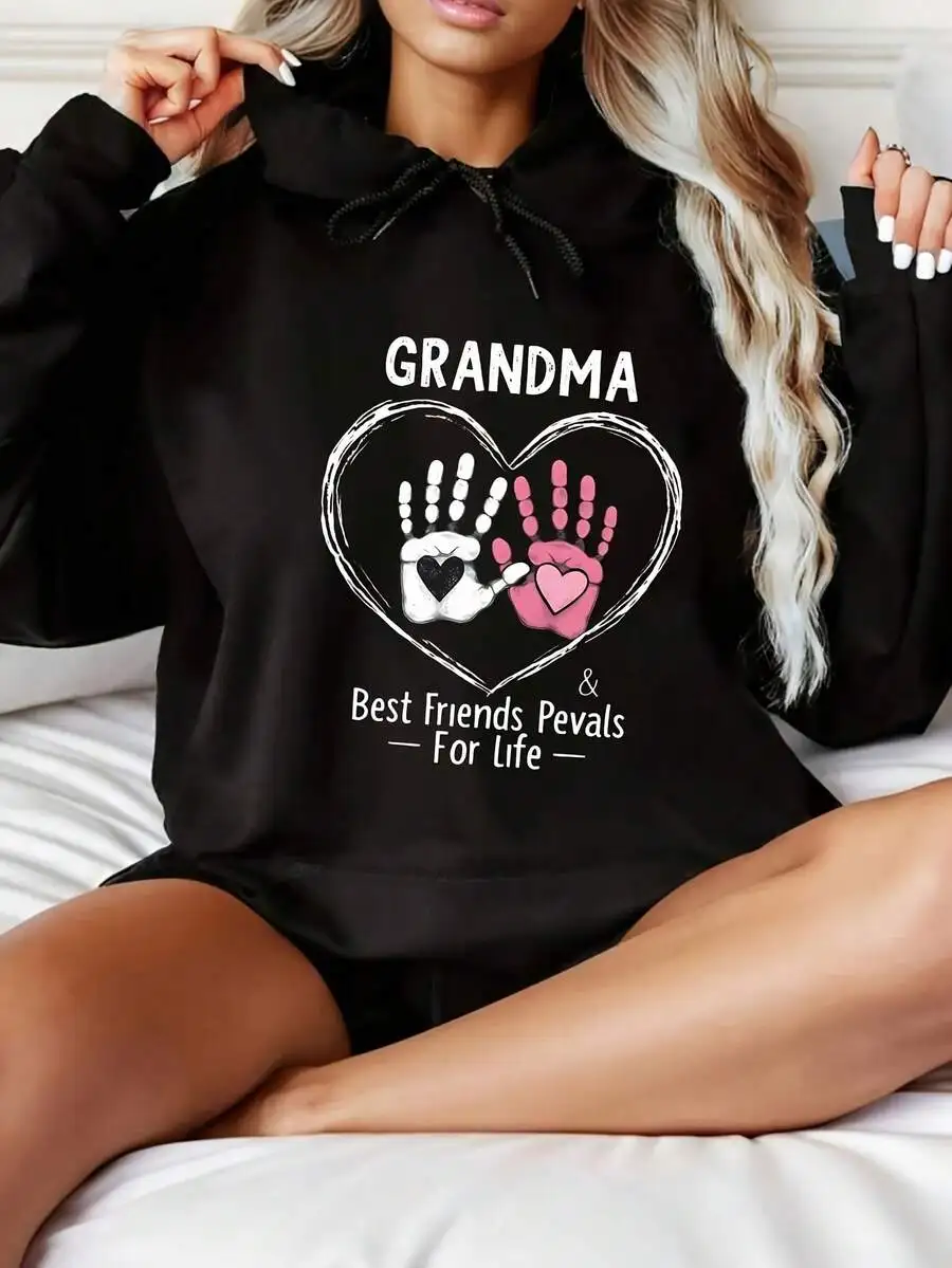 

Women Black Hooded Sweatshirt With Grandma Heart Handprint Design Cozy Pullover