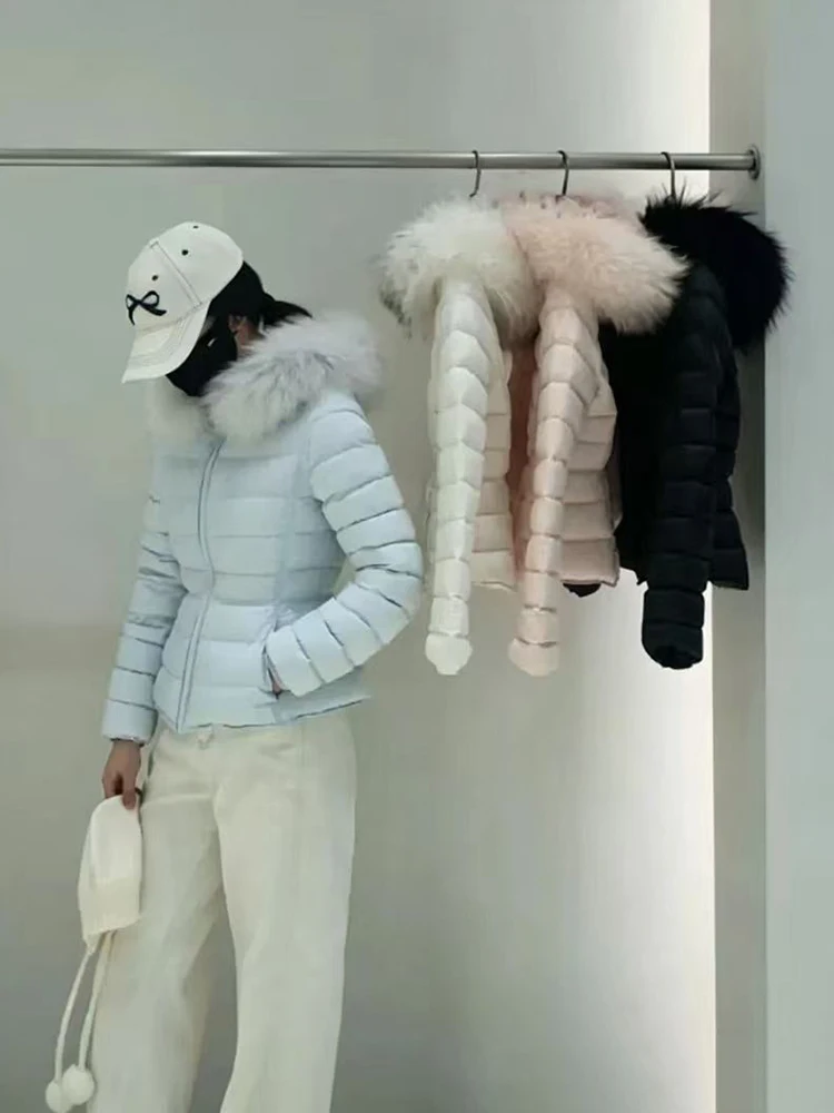 2026 Winter New Style Long Fur Collar Hooded Down Jacket for Women - A Tight-Fitting Warm Coat with Waist Adjustment
