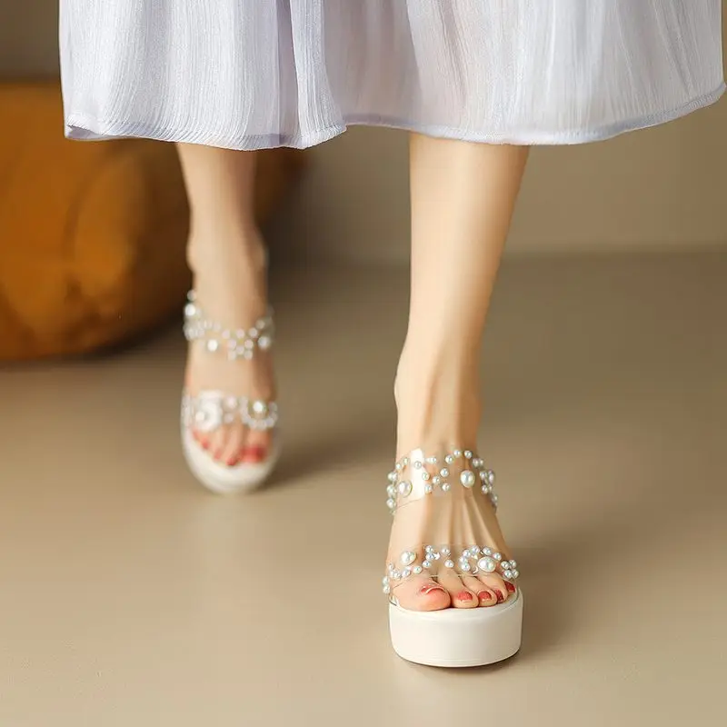 Krazing Pot P V C Natural Leather Mules Super High Heels Peep Toe Slip On Summer Platform Jelly Pearl-studded Women Sandals Ins